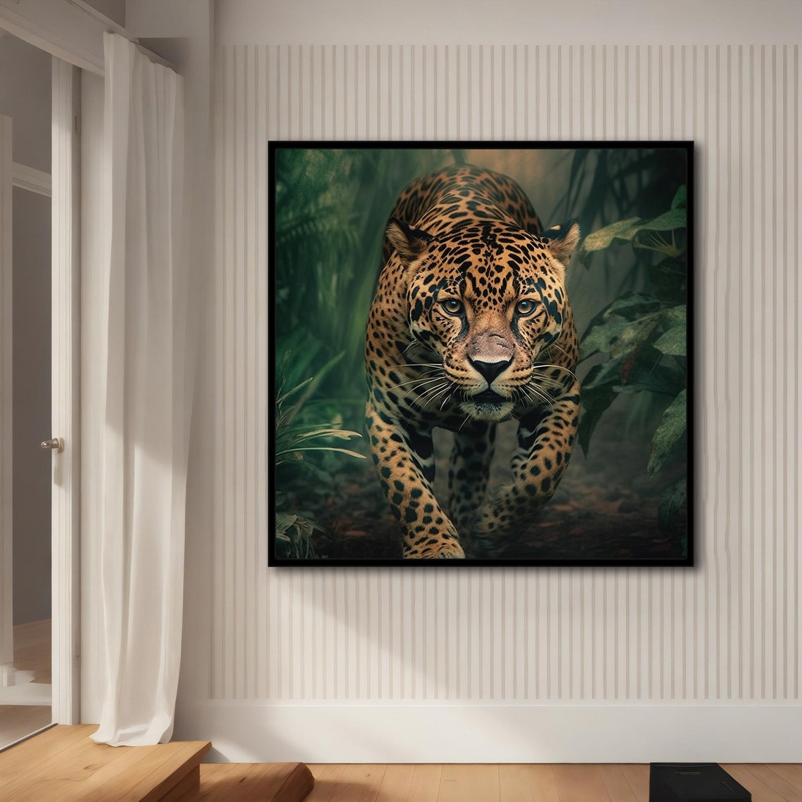 Majestic Jaguar Emerging From Misty Green Jungle Foliage Art Poster - Image 3