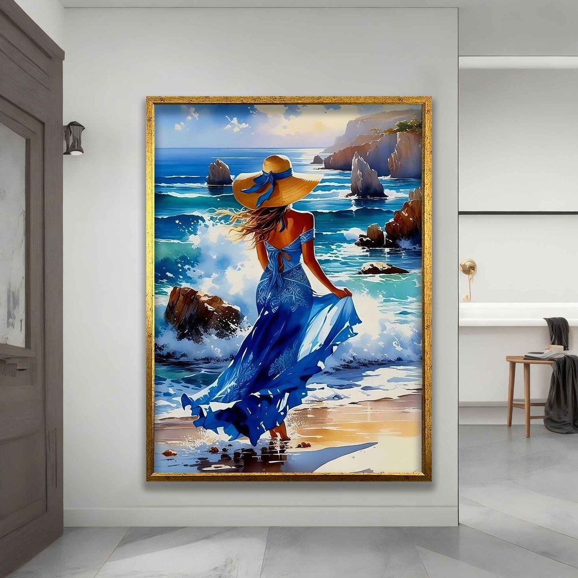 Beautiful Woman In Blue Dress Walking On The Beach Painting Woman With Her Back Turned Art Woman By The Sea Print