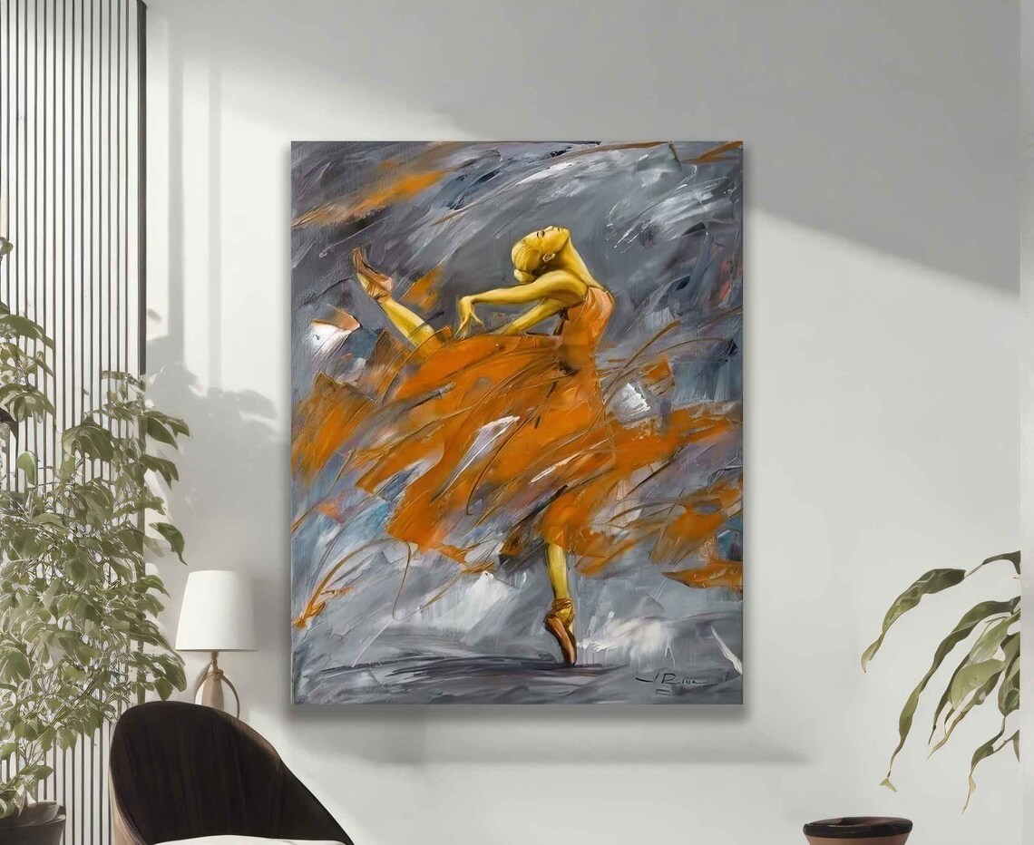 Ballerina Twirling Orange Skirt Gray Abstract Painting Wall Poster - Image 2