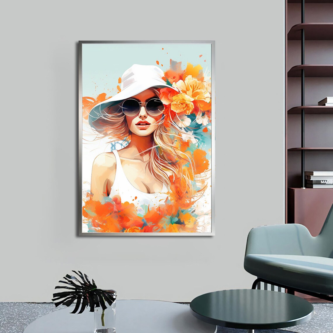 Fashion Woman White Hat Sunglasses Floral Watercolor Chic Beauty Wall Art Poster - Image 5