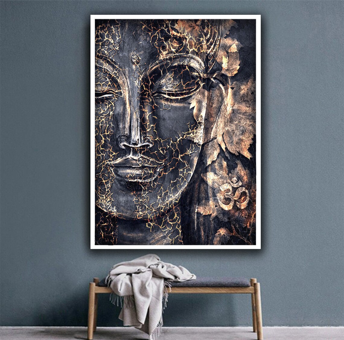 Black Buddha Face Gold Crackle Ancient Stone Meditation Zen Wall Art Poster - Image 5
