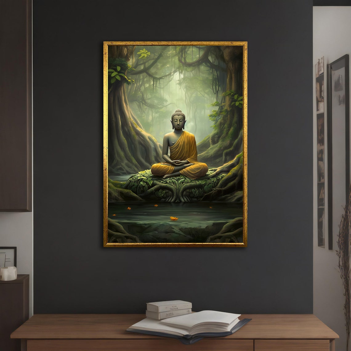 Peaceful Buddha Meditating In Misty Green Forest Zen Wall Art - Image 3