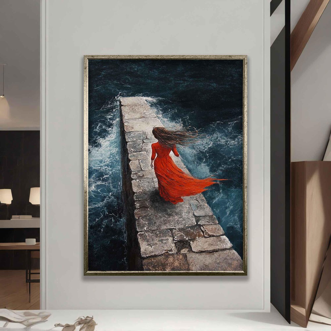 Woman Red Dress Walking Stone Pier Stormy Sea Windy Painting Poster - Image 5