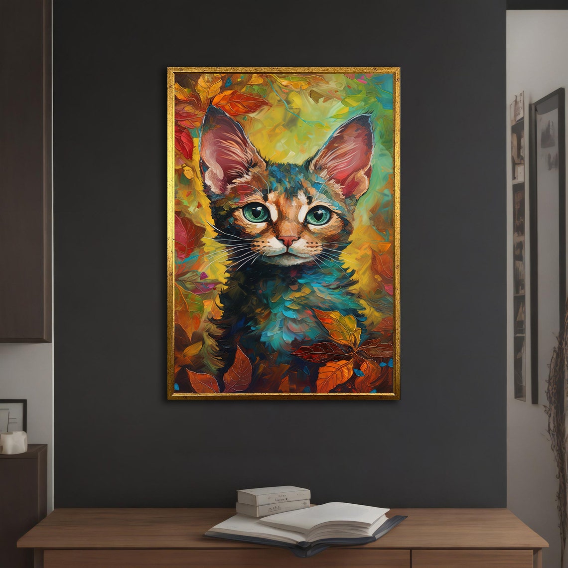 Colorful Cat Portrait Green Eyes Autumn Leaves Impressionist Poster - Image 3