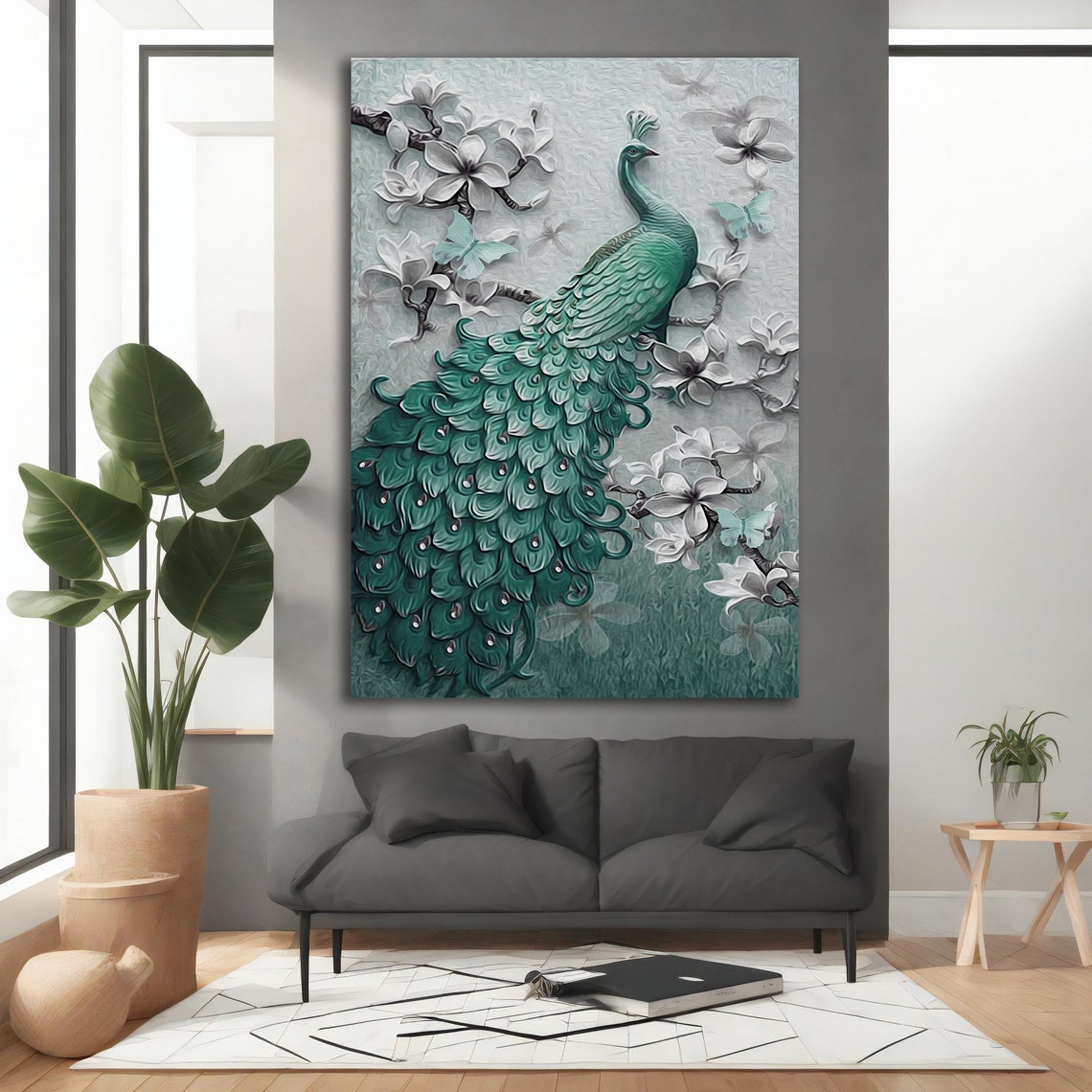 Green Peacock Among White Blossoms Butterflies Elegant Poster - Image 5