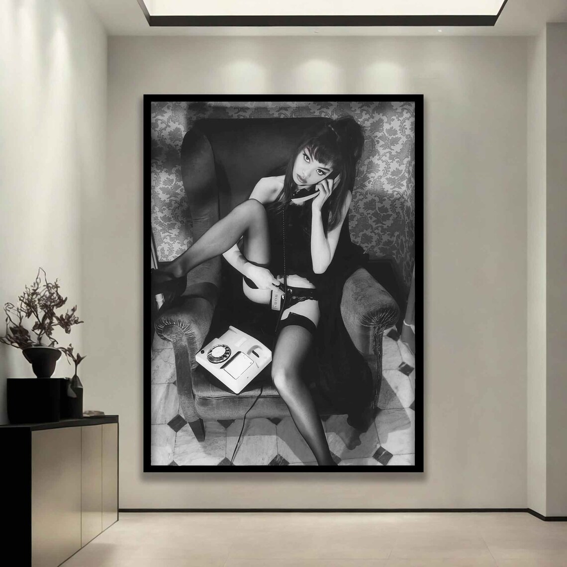 Vintage Woman Talking On Phone Black White Retro Glamour Pin Up Wall Print