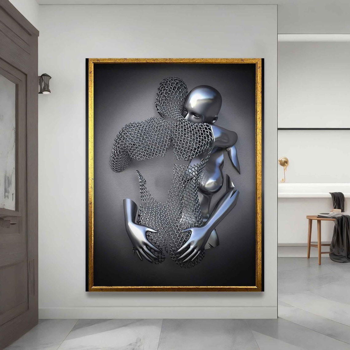 Chainmail Hugging Couple Silver Metallic Sculpture Embrace Art Poster - Image 3