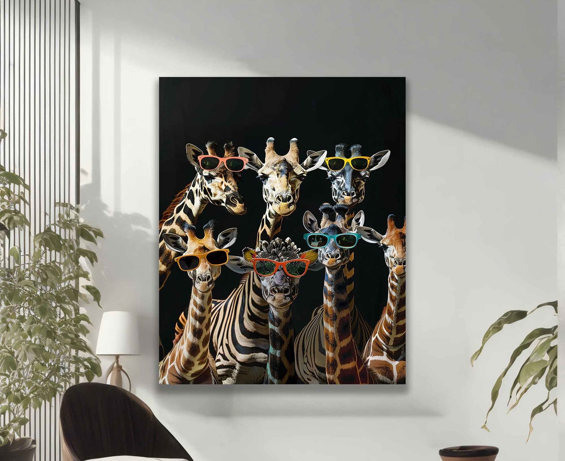 Giraffes Wearing Bright Sunglasses Fun Black Background Art Poster - Image 2