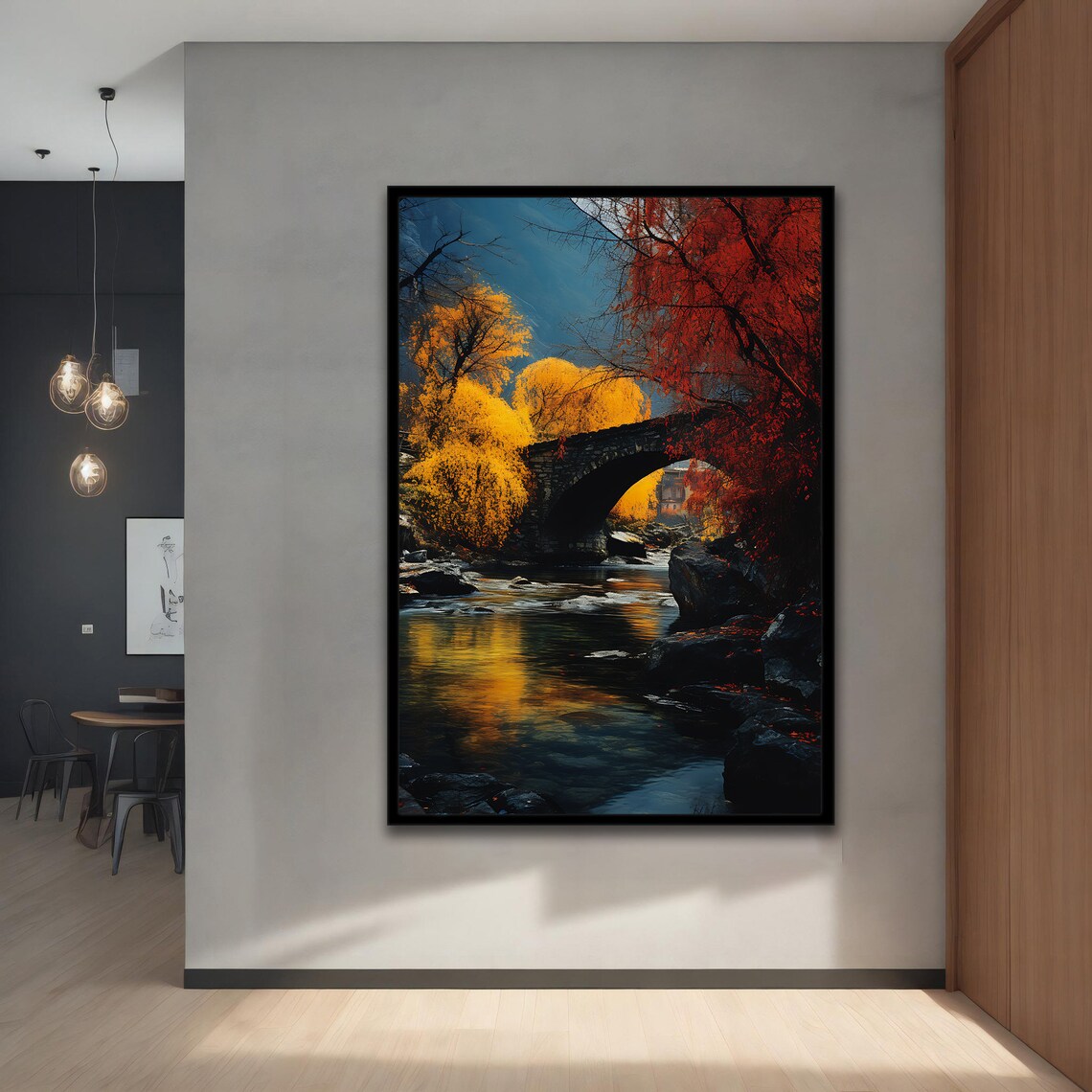 Stone Bridge Autumn River Gold Red Trees Mountain Nature Art Poster - Image 4