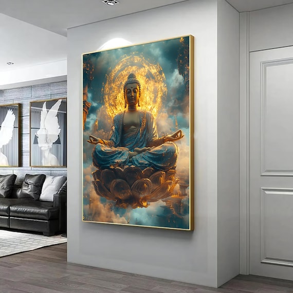 Buddha Meditating Golden Lotus Flower Glowing Halo Teal Sky Poster