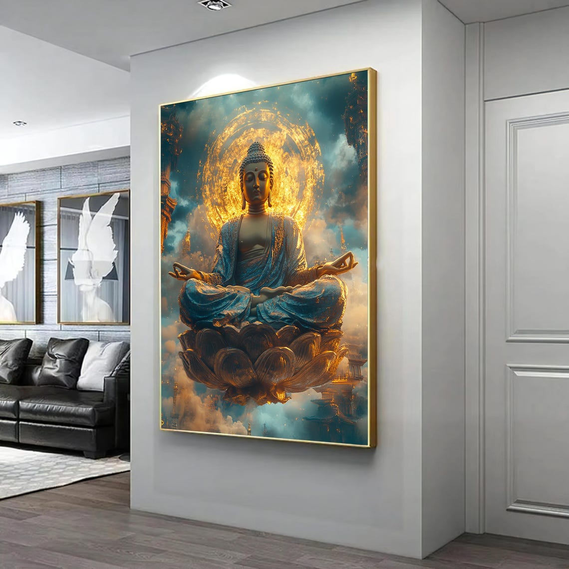 Buddha Meditating Golden Lotus Flower Glowing Halo Teal Sky Poster