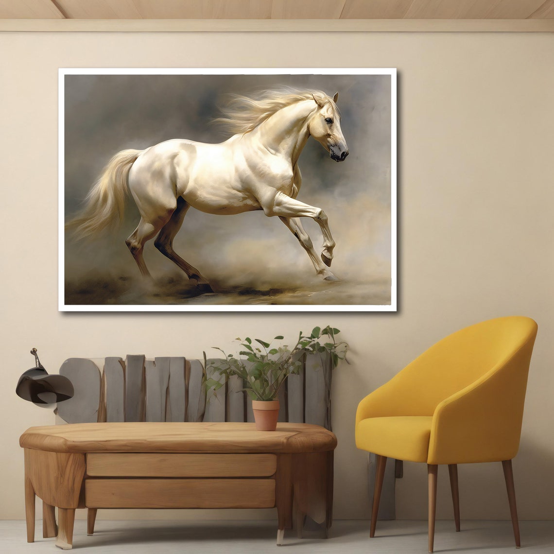 White Horse Galloping Through Golden Mist Dust Majestic Running Poster - Image 5