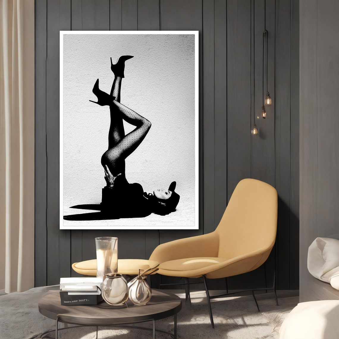 Woman in High Heels Playful Legs Up Black White Art Wall Poster - Image 4