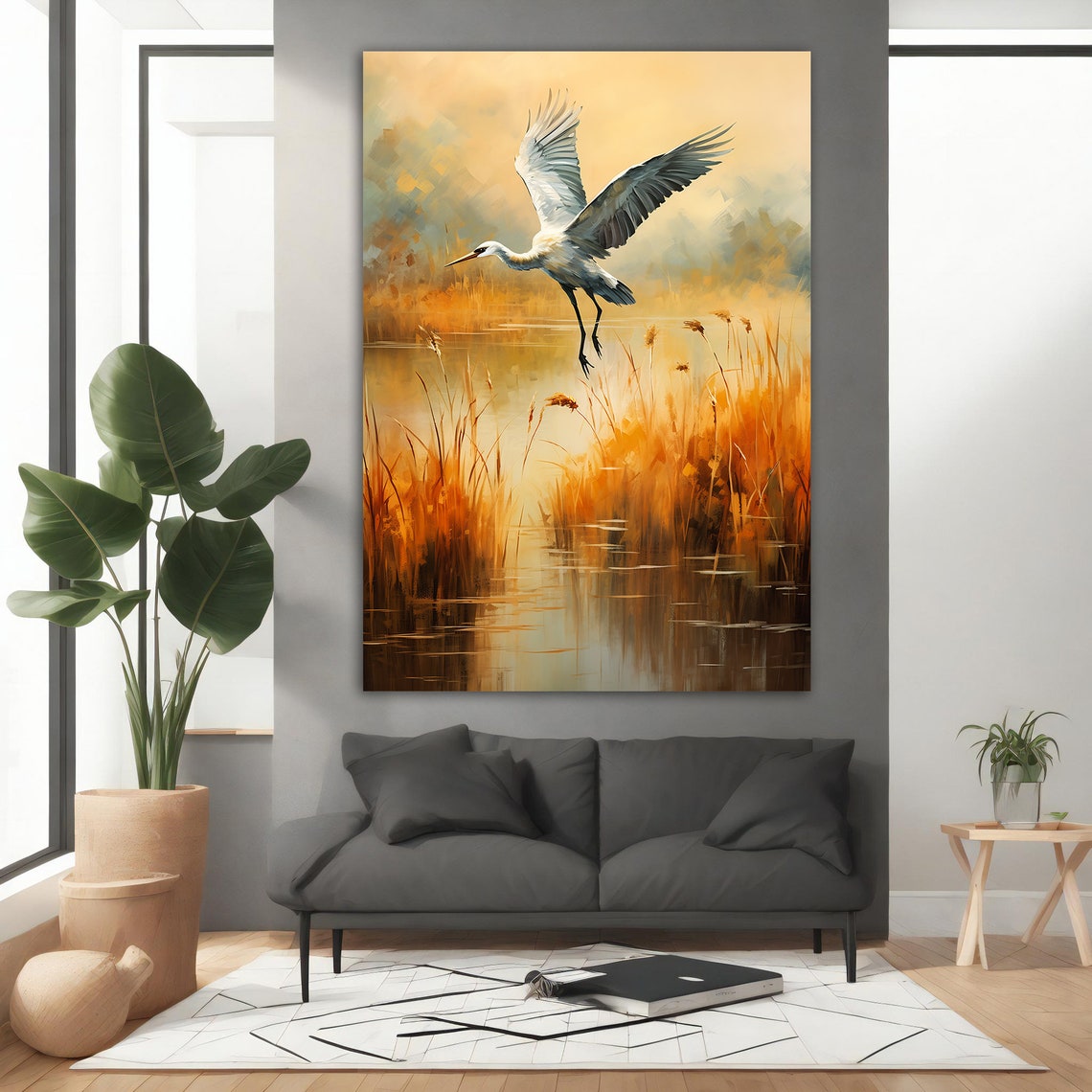 White Crane Flying Over Golden Autumn Marsh Reeds Nature Poster - Image 3