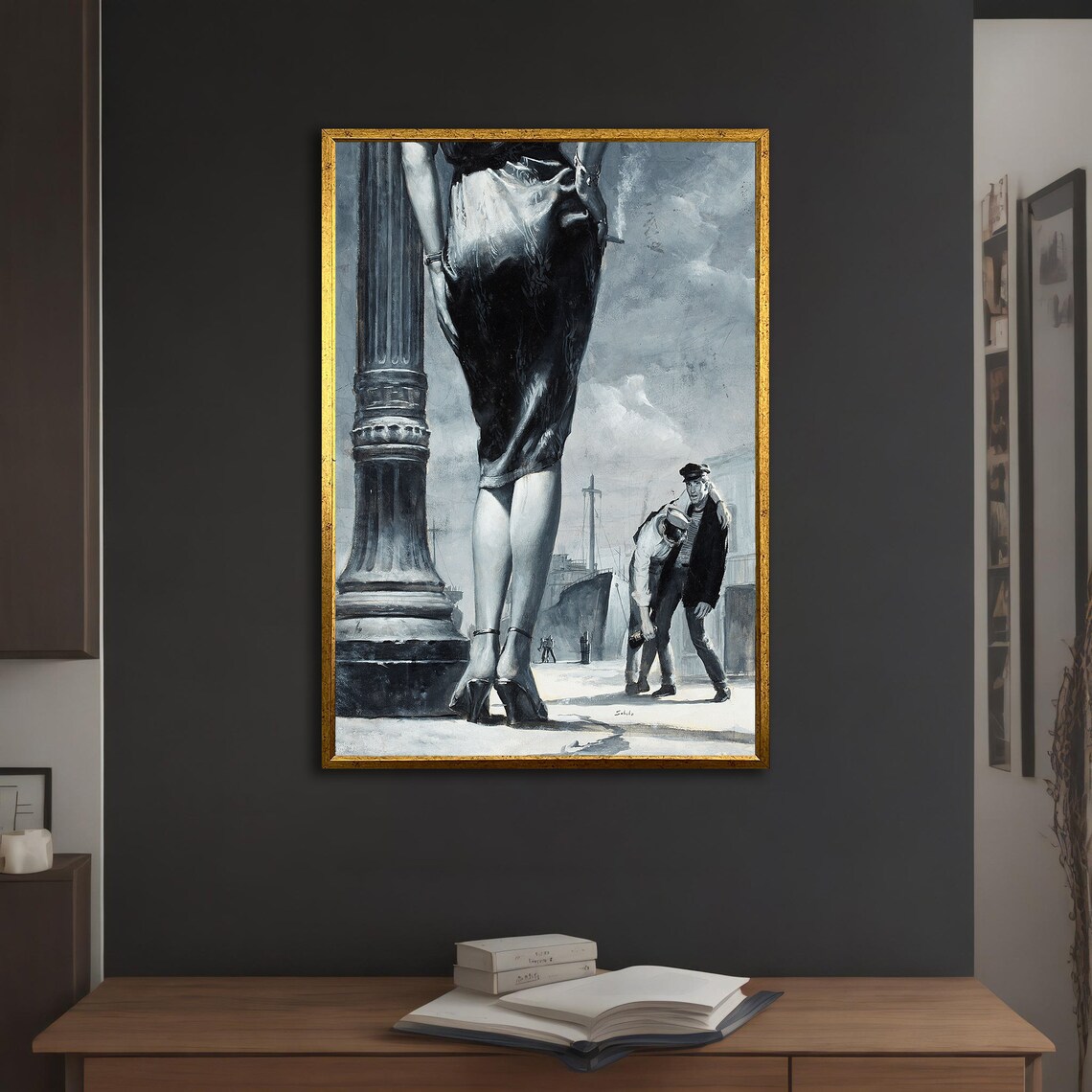Noir Style Woman Legs Column Dock Scene Vintage Pulp Painting Wall Art Print - Image 5