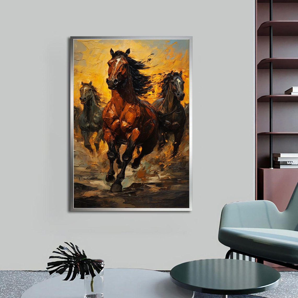 Three Horses Galloping Golden Fiery Sky Dramatic Oil Art Poster - Image 5