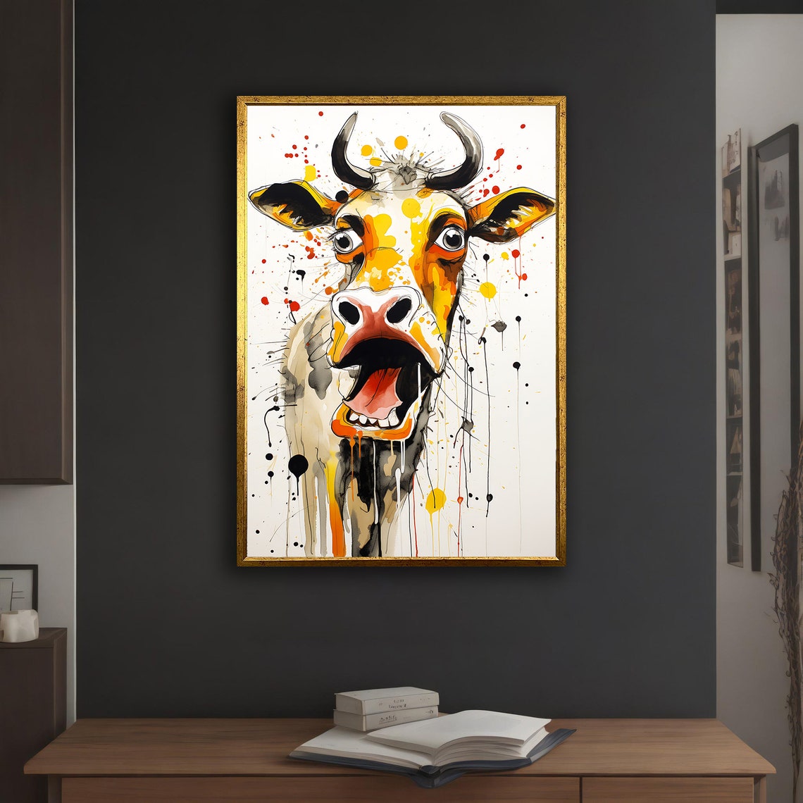 Laughing Cow Face Funny Open Mouth Watercolor Splatter Art Poster - Image 5