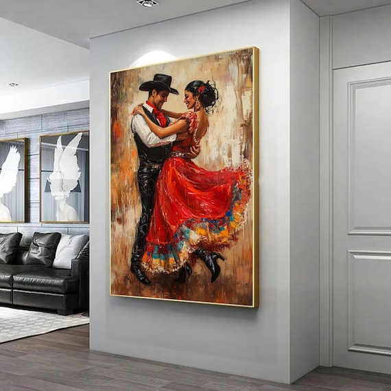 Passionate Tango Couple Cowboy Hat Red Dress Romantic Dance Art Wall Art