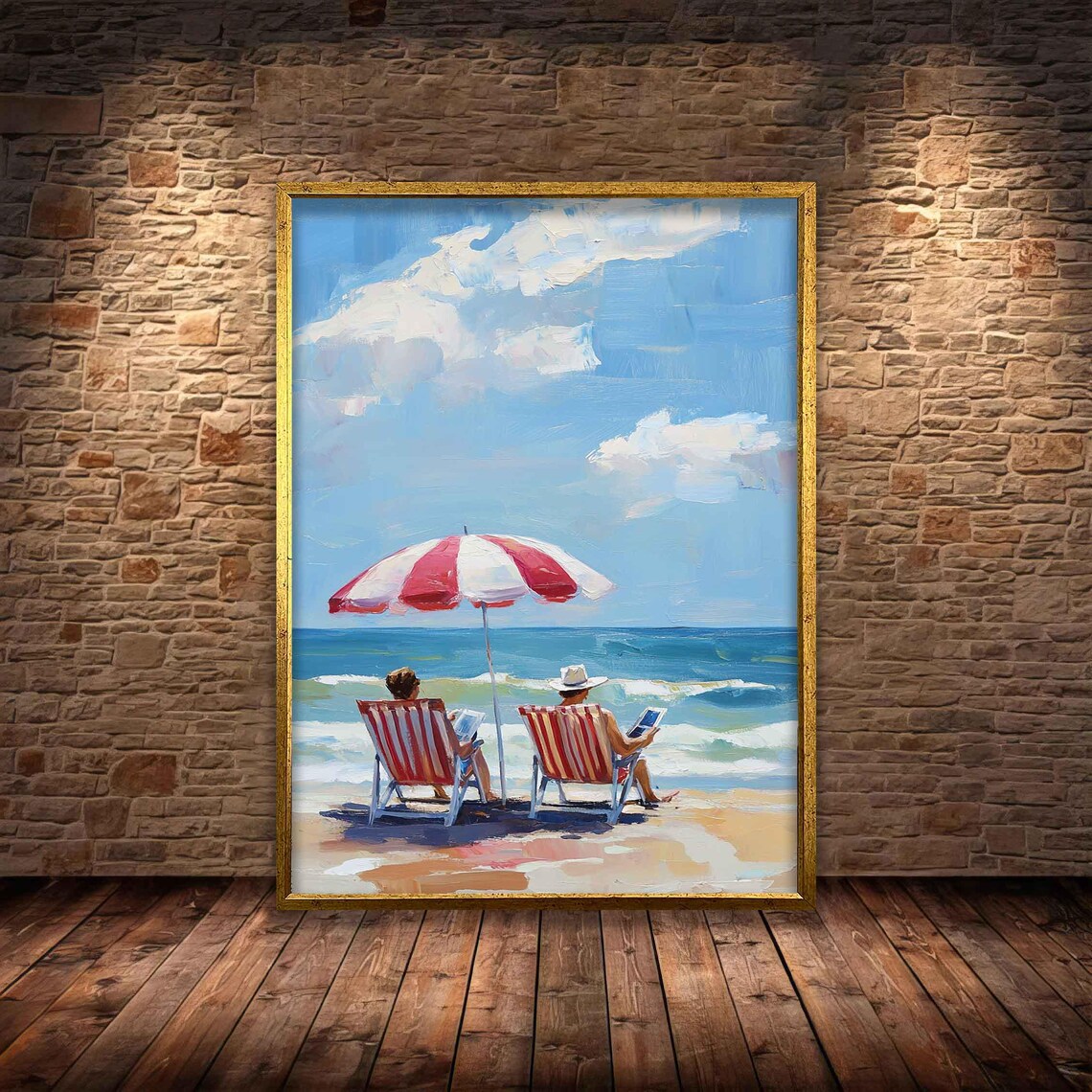Red White Striped Umbrella Beach Couple Ocean View Painting Poster - Image 4