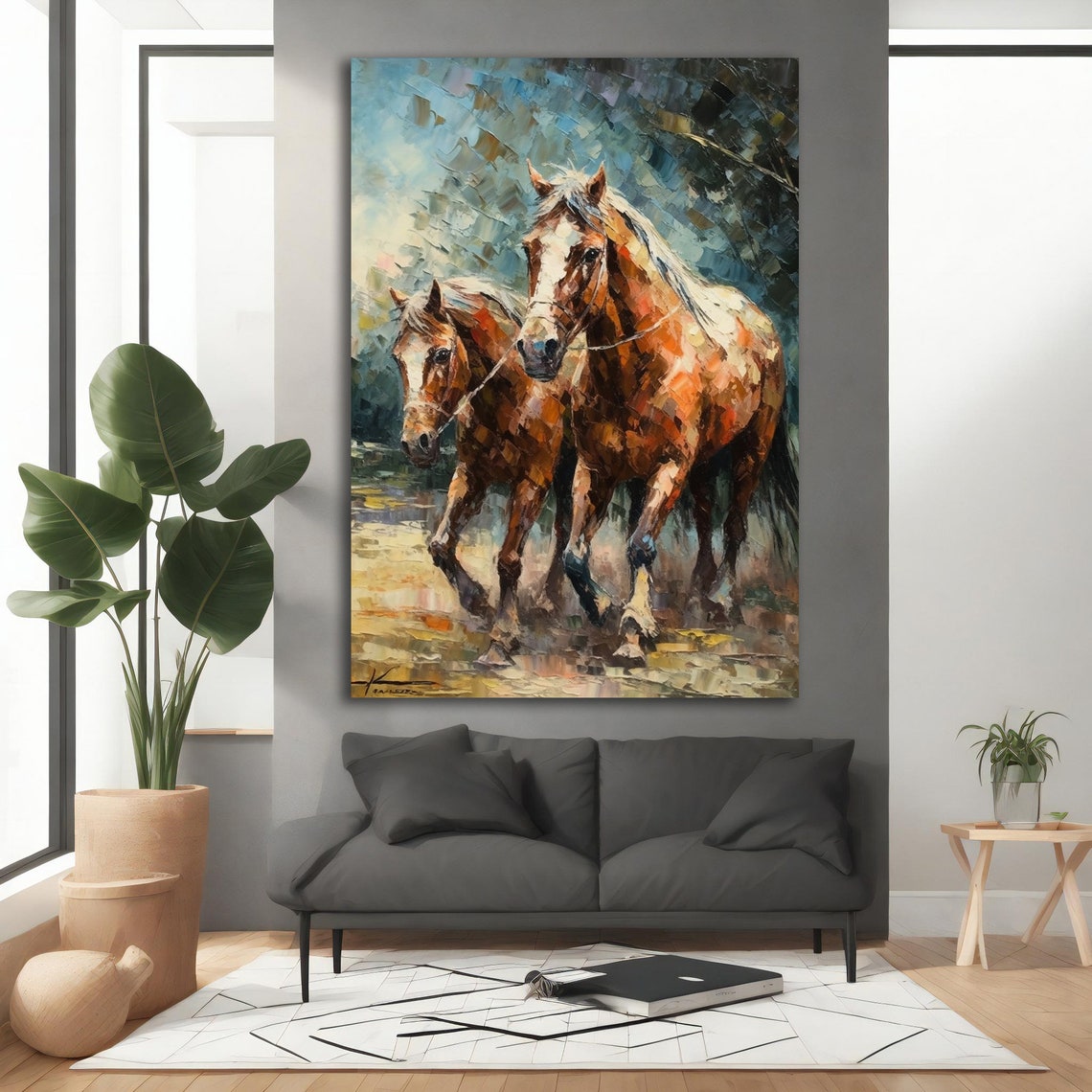 Two Chestnut Horses Running Wild Palette Knife Painting Poster - Image 3