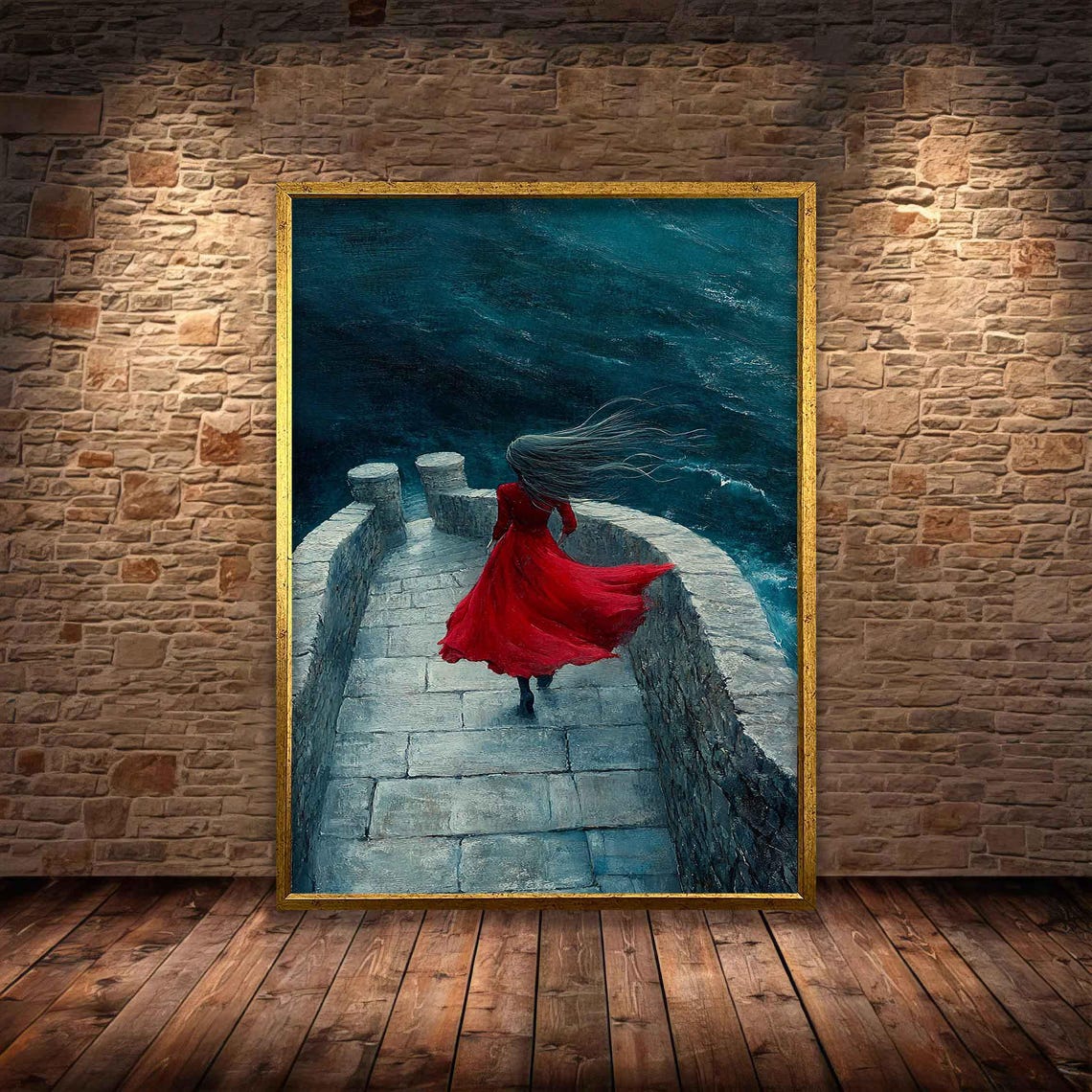 Woman With Red Dress Wall Decor Surreal Blonde Girl Poster Seascape Art Girl In Red Dress Print Beautiful Woman Home Decor - Image 4