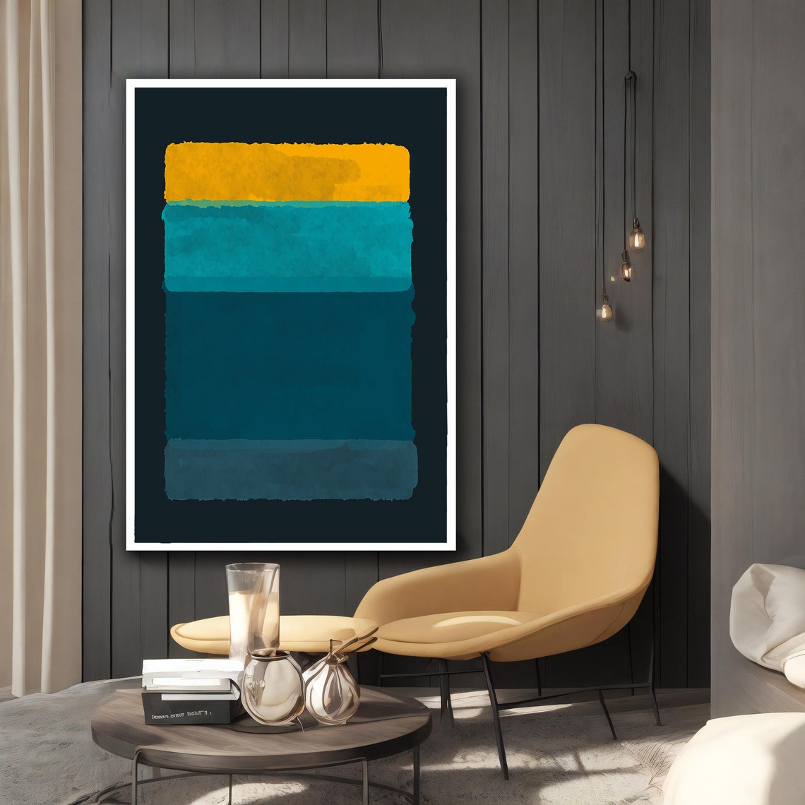 Golden Yellow Turquoise Teal Horizontal Bands Abstract Art Poster - Image 2