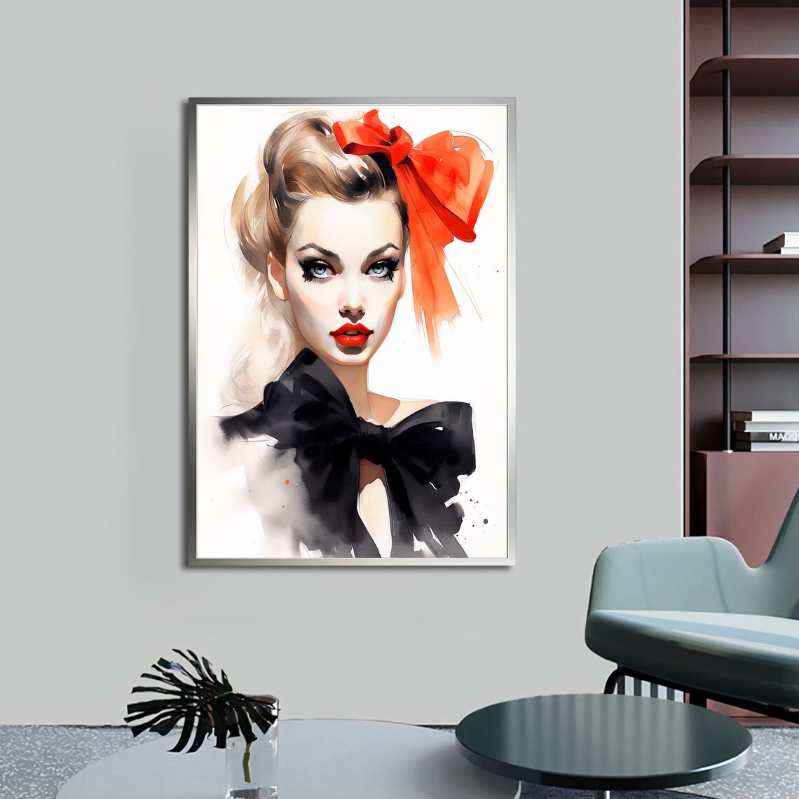 Woman with Red Bow Watercolor Portrait Elegant Fashion Art Poster - Image 3