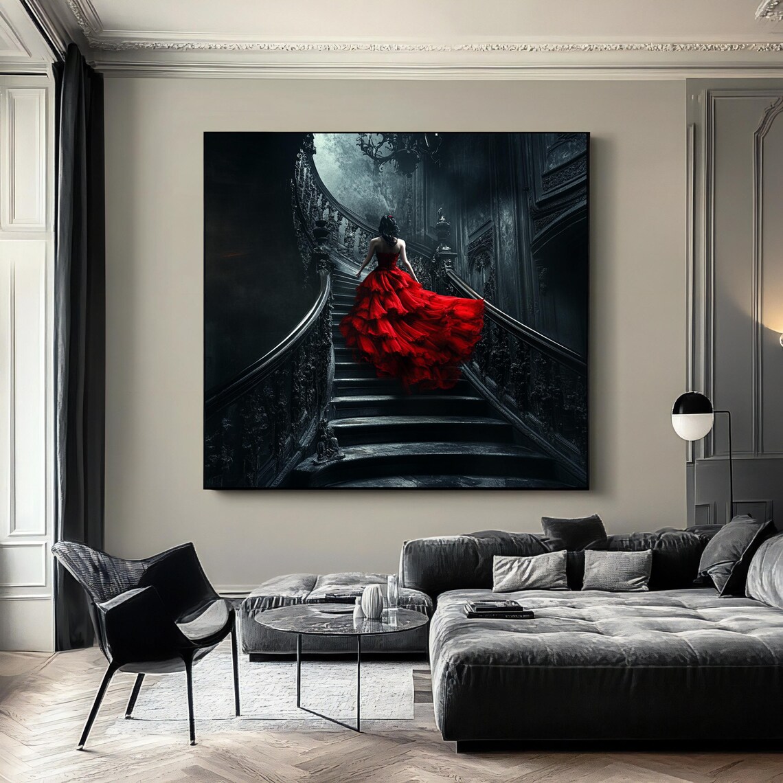 Woman in Red Dress on Gothic Staircase Painting Dramatic Dark Wall Poster