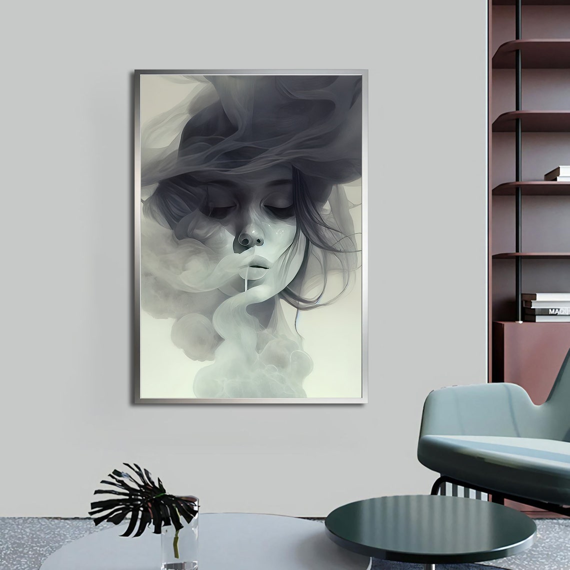 Woman Face Dissolving in Smoke Dreamy Black White Art Wall Poster - Image 2