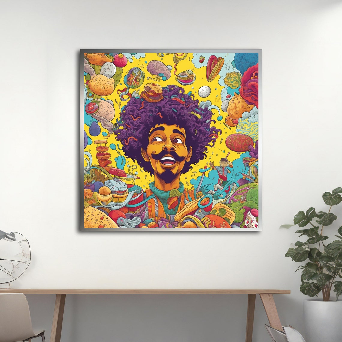 Cheerful Man With Purple Afro Psychedelic Doodle Food Pop Art Poster - Image 2