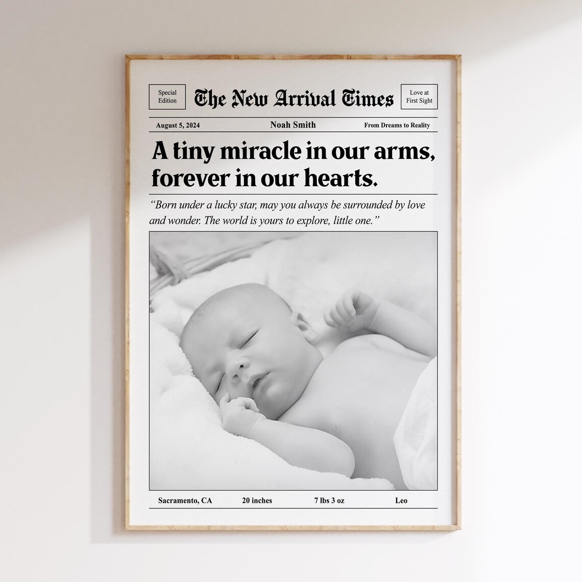 Personalized Baby Birth Stats Vintage Newspaper Announcement Poster