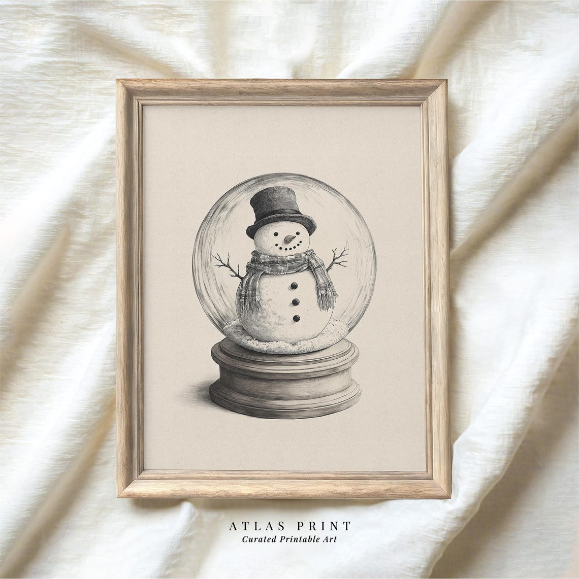Vintage Snowman Snow Globe Sketch Neutral Christmas Decor Poster