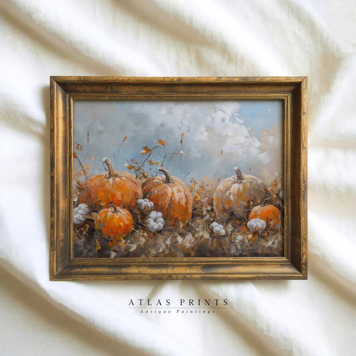 Pumpkins In Wildflower Field Vintage Fall Harvest Painting Wall Art