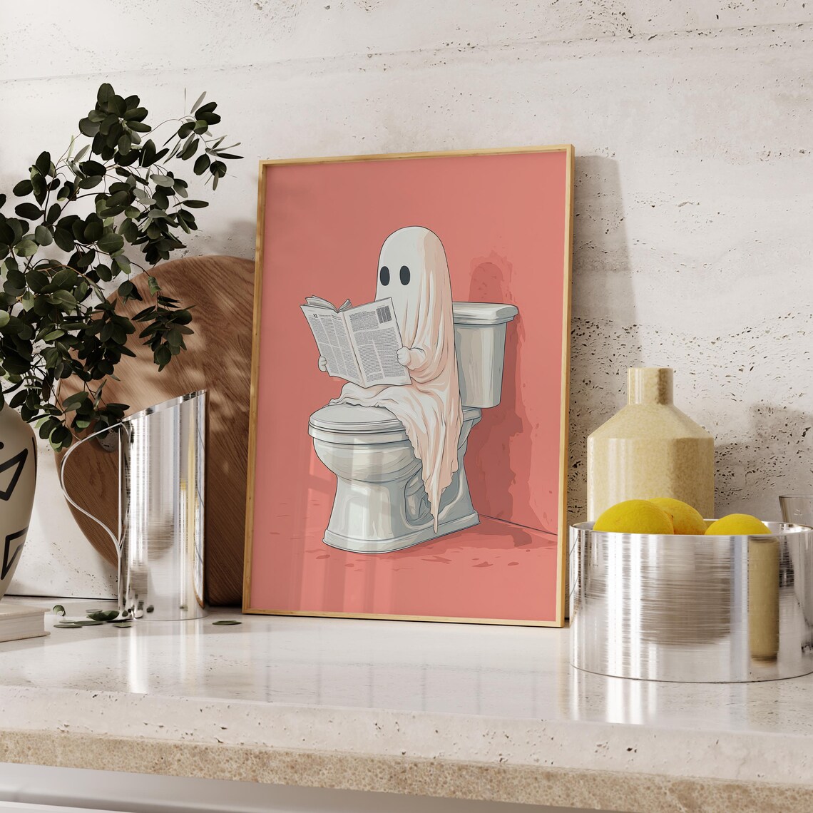 Cute Ghost On Toilet Halloween Print Trendy Spooky Pink Decor Funny Halloween Bathroom Wall Art - Image 2