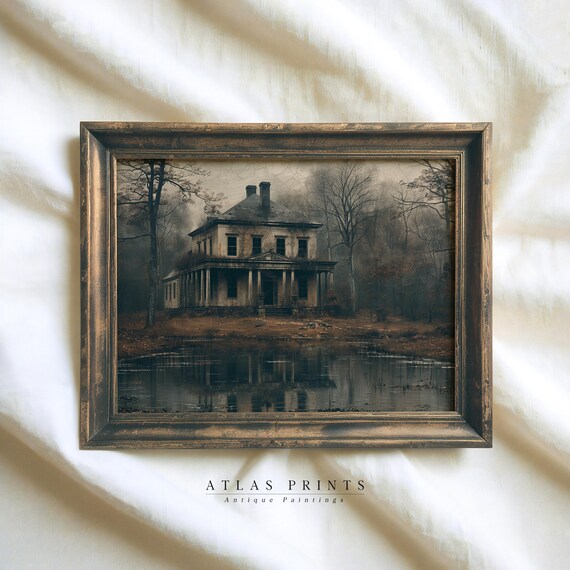 Haunted Manor House Reflected In A Pond Dark Autumn Art Poster
