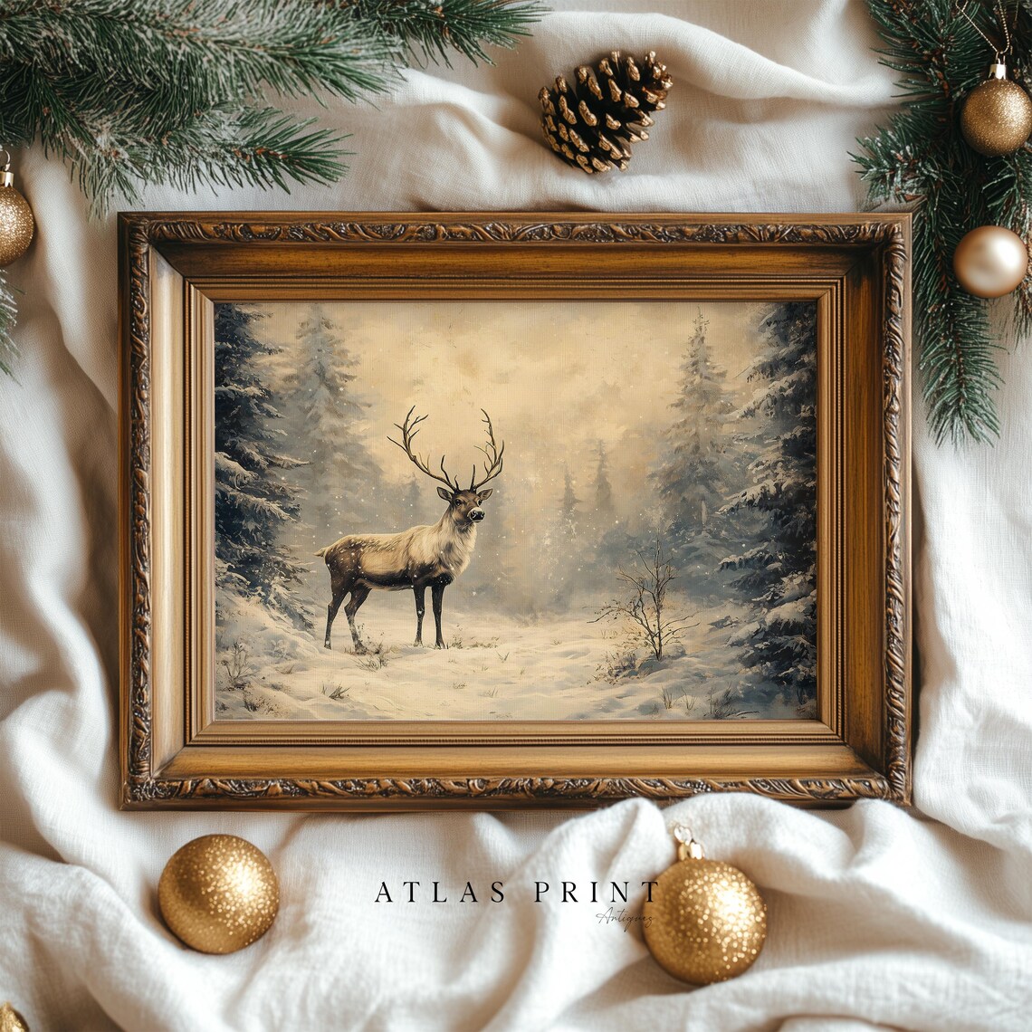 Vintage Reindeer Standing Snowy Pine Forest Winter Woodland Poster - Image 5