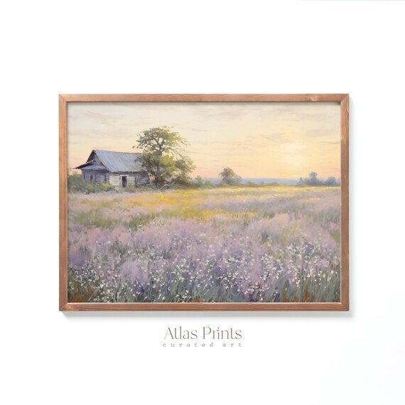 Rustic Wooden Barn In Purple Wildflower Field At Golden Sunset Painting Poster