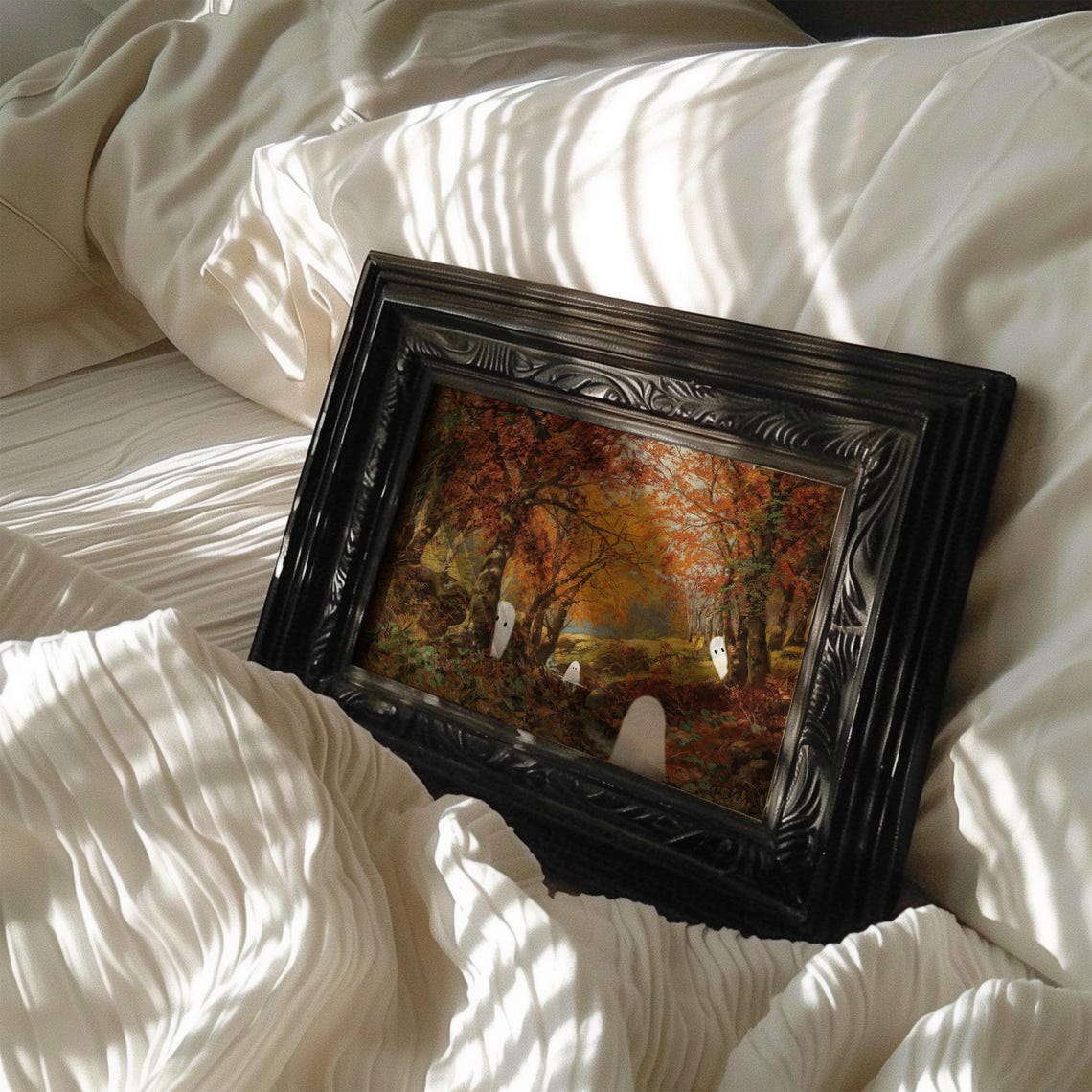 Cute Ghosts Fall Forest Halloween Painting Spooky Cute Autumn Poster - Image 4