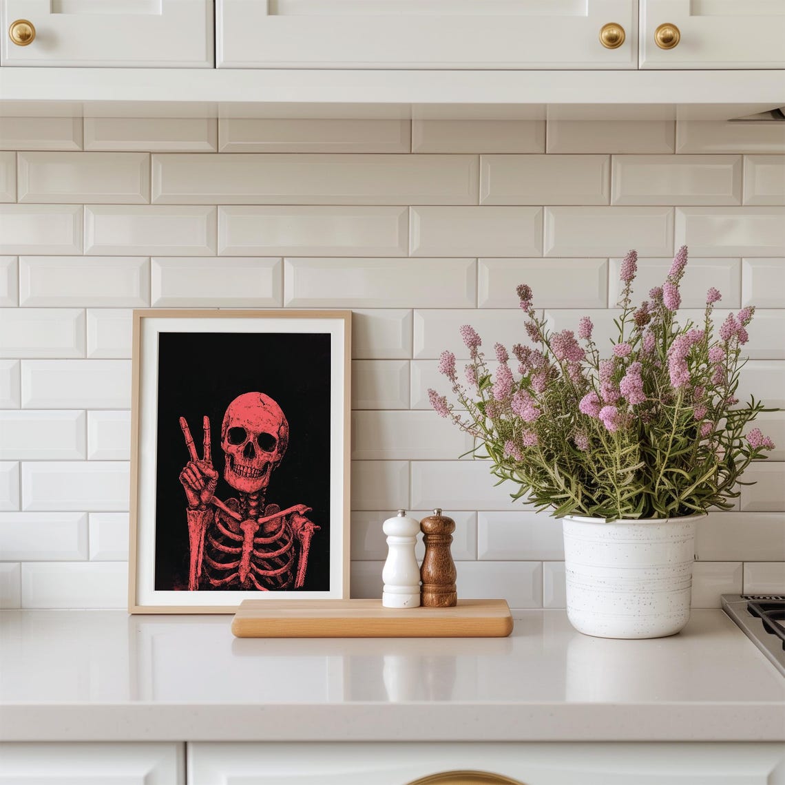 Pink Skeleton Peace Sign Retro Halloween Spooky Fun Wall Art - Image 2