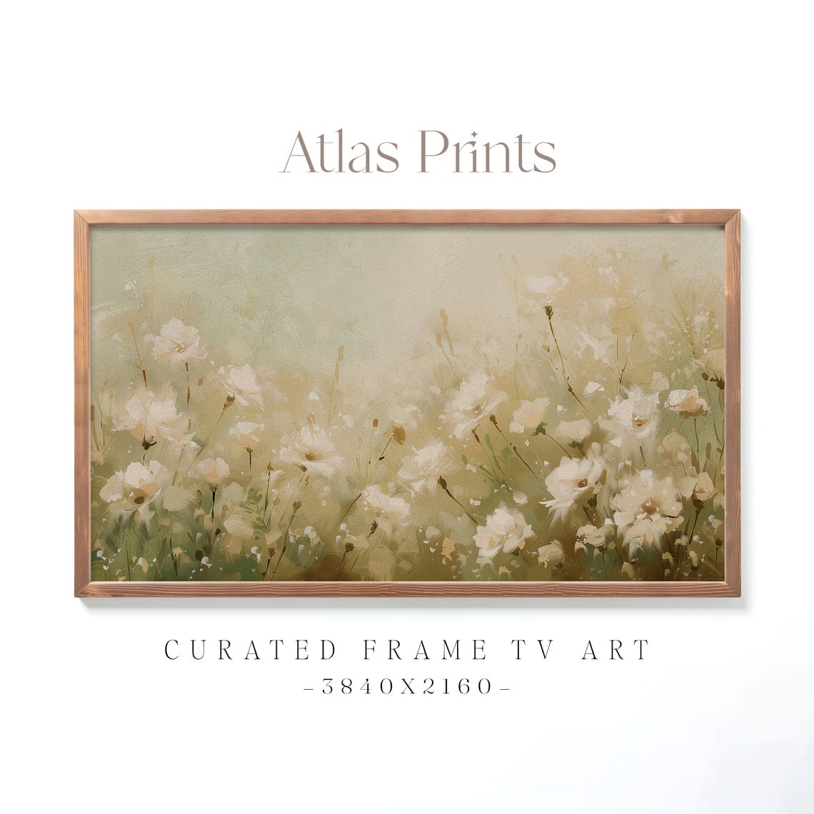 Vintage White Wildflower Meadow Soft Green Botanical Painting Print