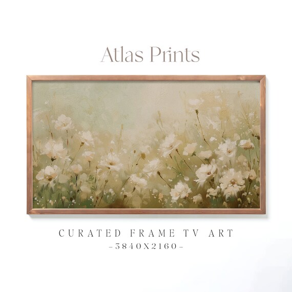 Vintage White Wildflower Meadow Soft Green Botanical Painting Print