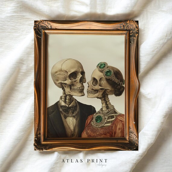 Vintage Skeleton Couple Portrait Emerald Jewels Gothic Love Poster