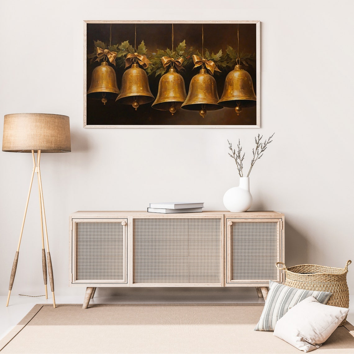 Five Antique Gold Bells with Holly Frame TV Christmas Wall Art - Image 2
