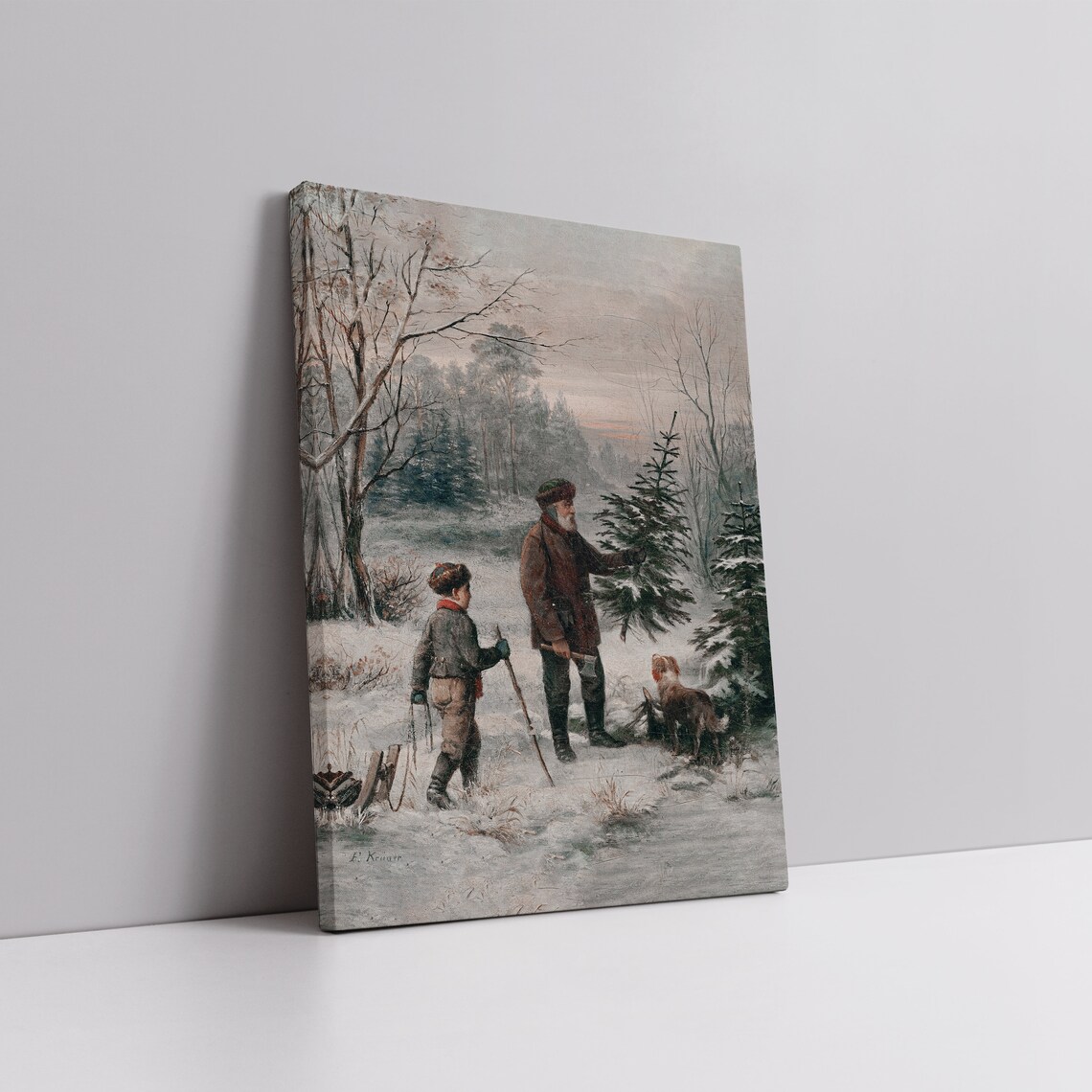 Vintage Winter Forest Painting Man Boy Cutting Christmas Tree Poster - Image 4