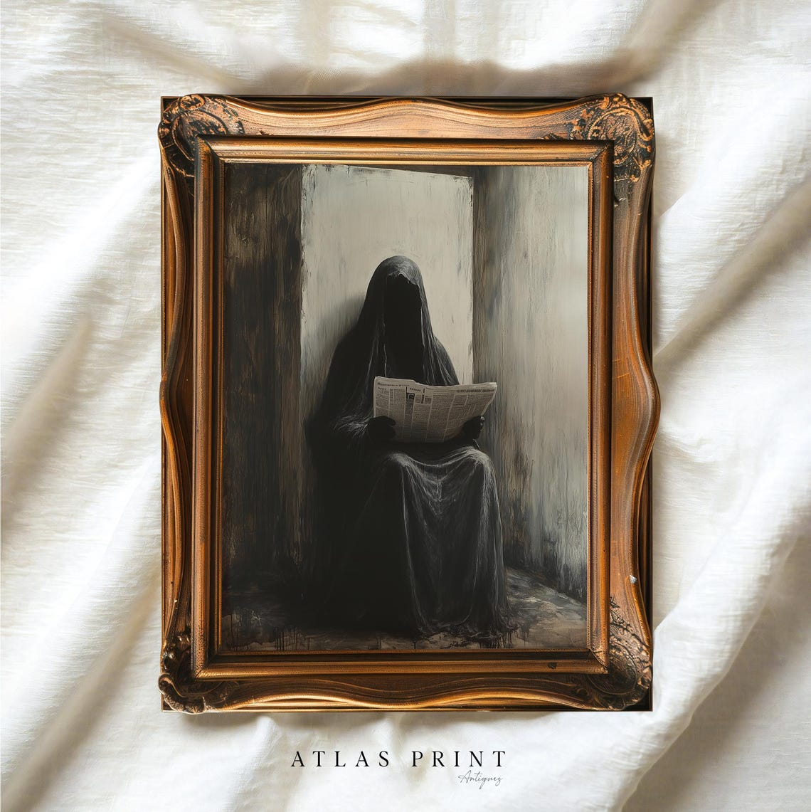 Dark Hooded Ghost Reading A Newspaper Gothic Mystery Art Poster - Image 4