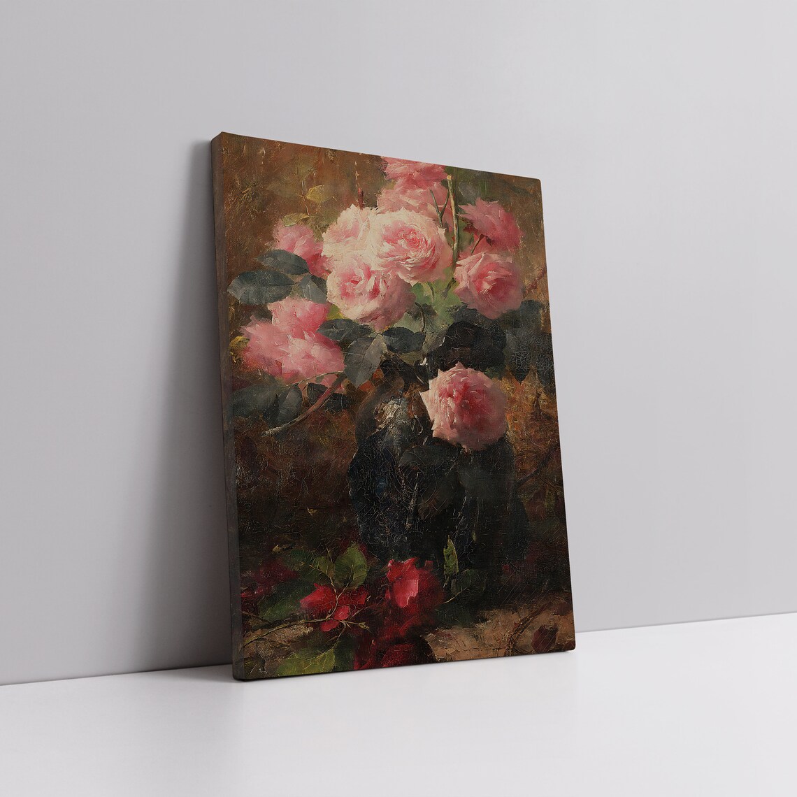 Vintage Pink Rose Still Life Oil Painting Dark Romantic Wall Poster - Image 2