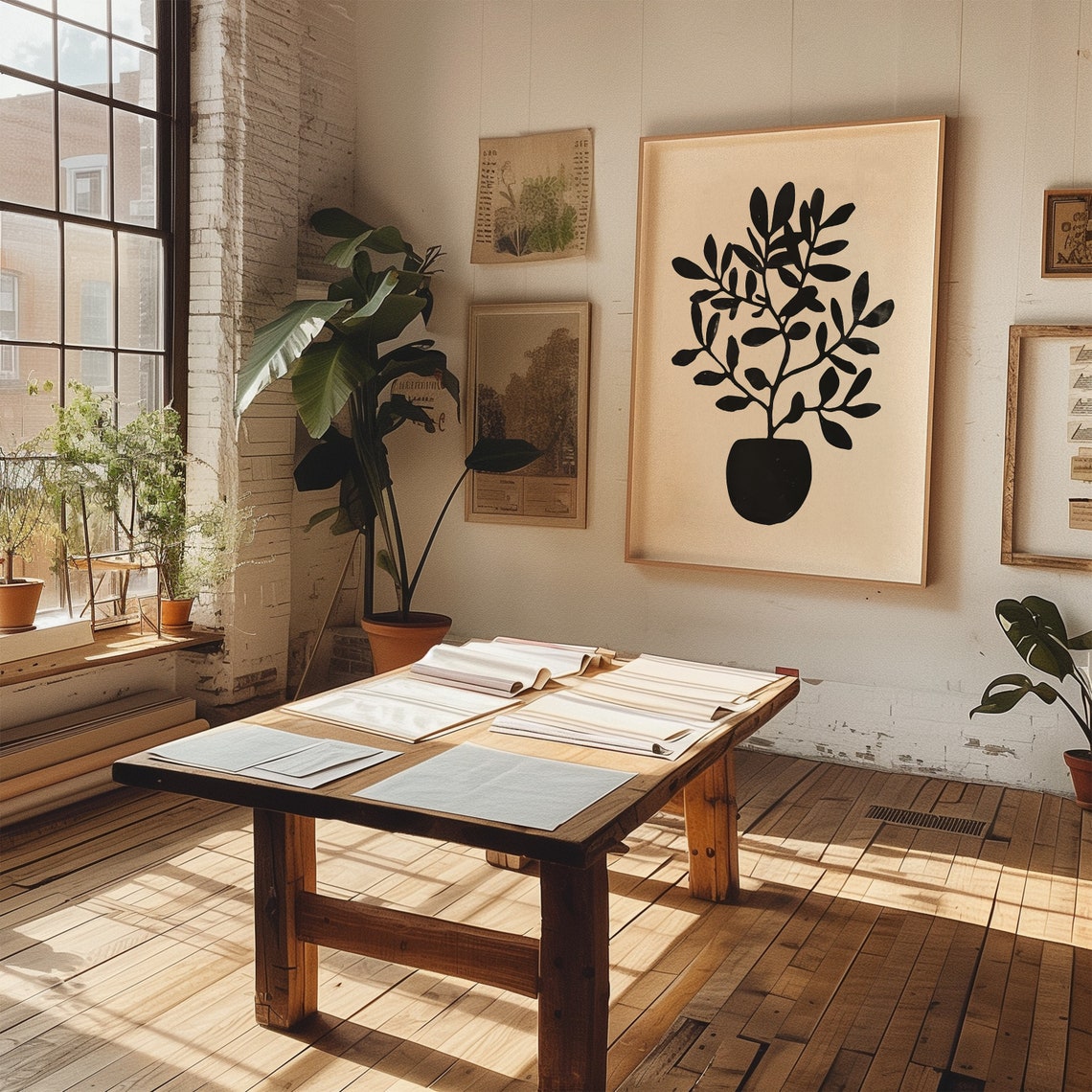 Black Potted Plant Silhouette Warm Cream Minimalist Art Poster - Image 5