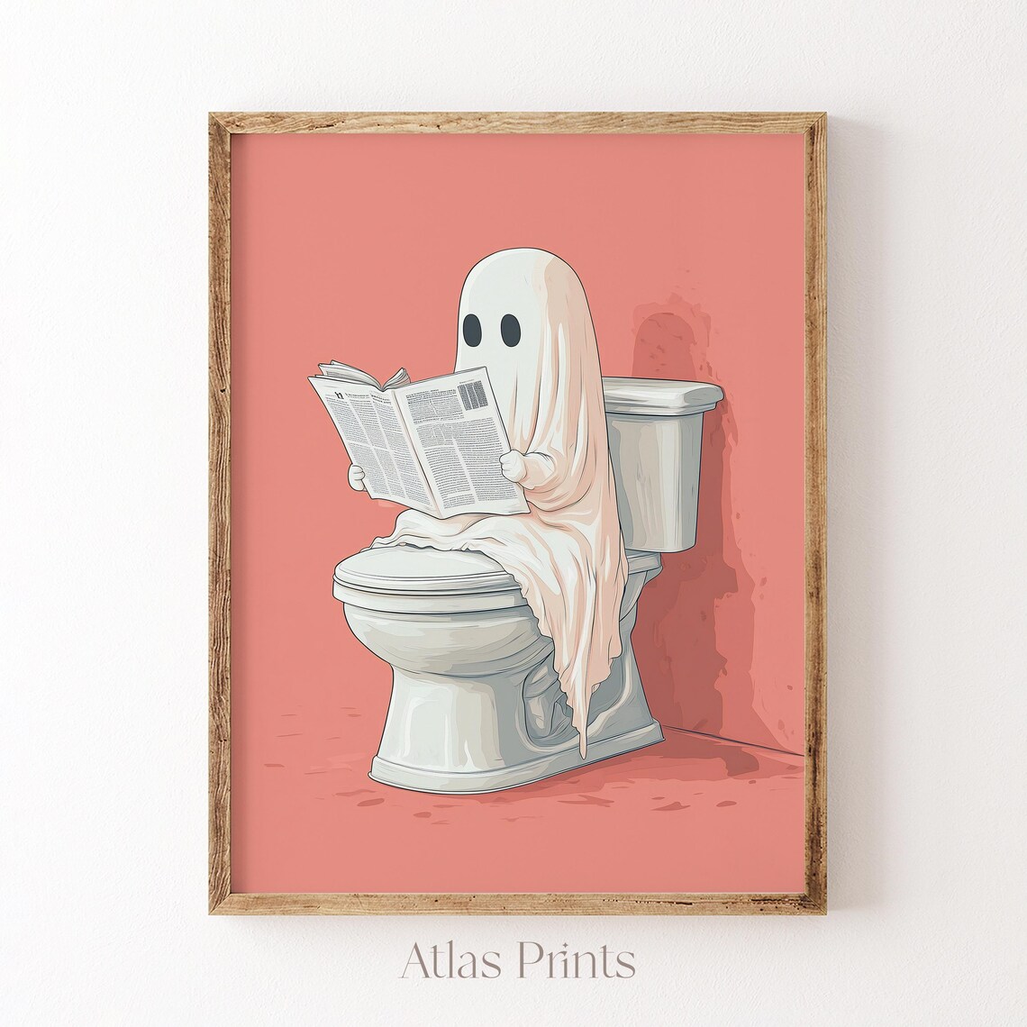 Cute Ghost Reading Newspaper On Toilet Funny Pink Halloween Bathroom Poster - Image 4