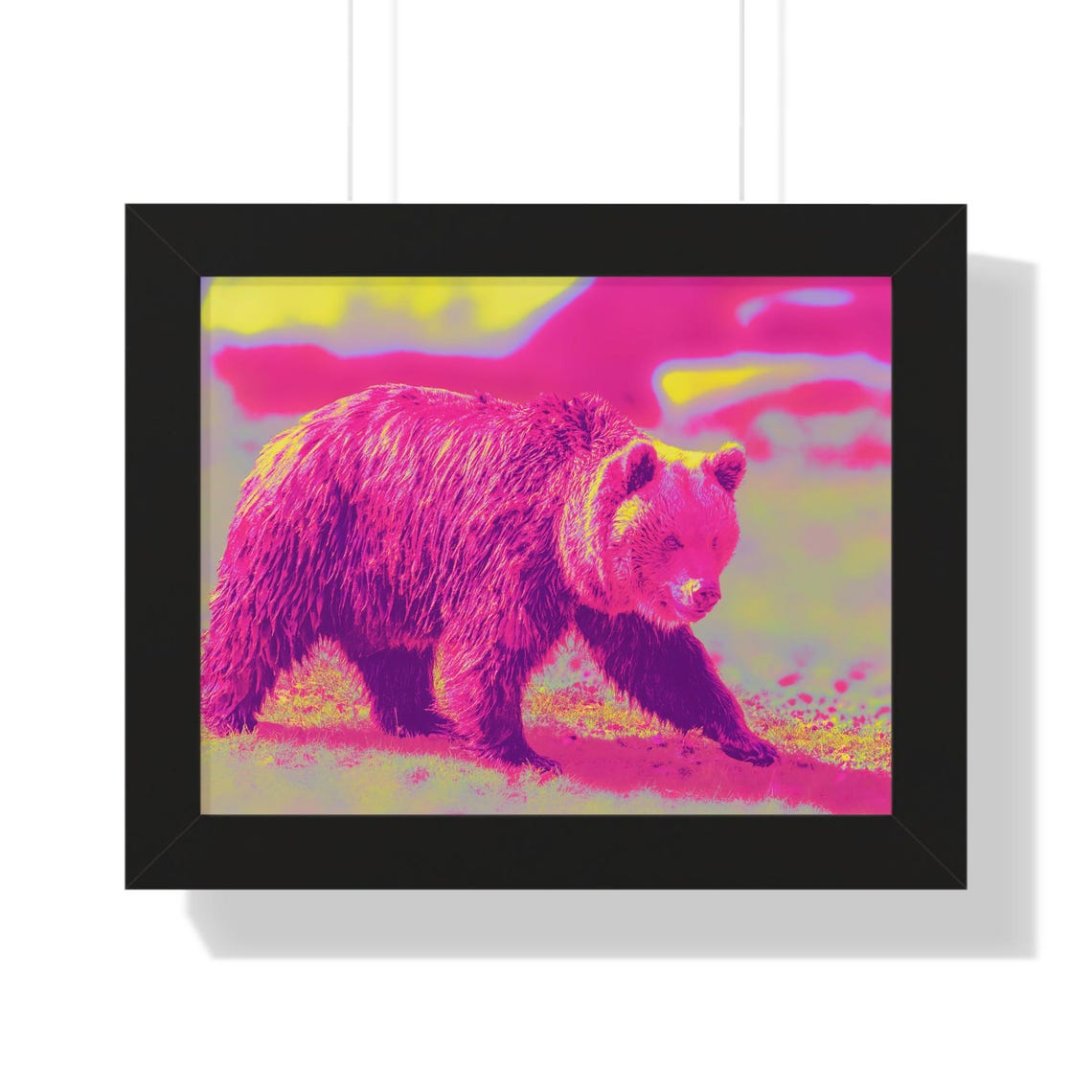 Wild Brown Bear Walking in Neon Pink and Yellow Framed Poster