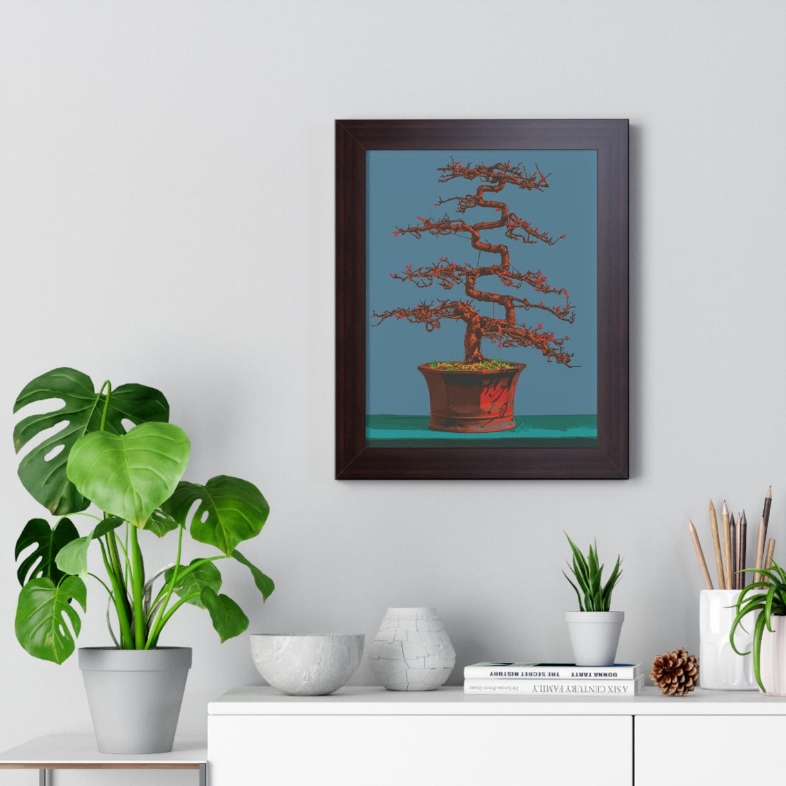 Elegant Red Blossom Bonsai Tree on Teal Background Framed Poster - Image 4